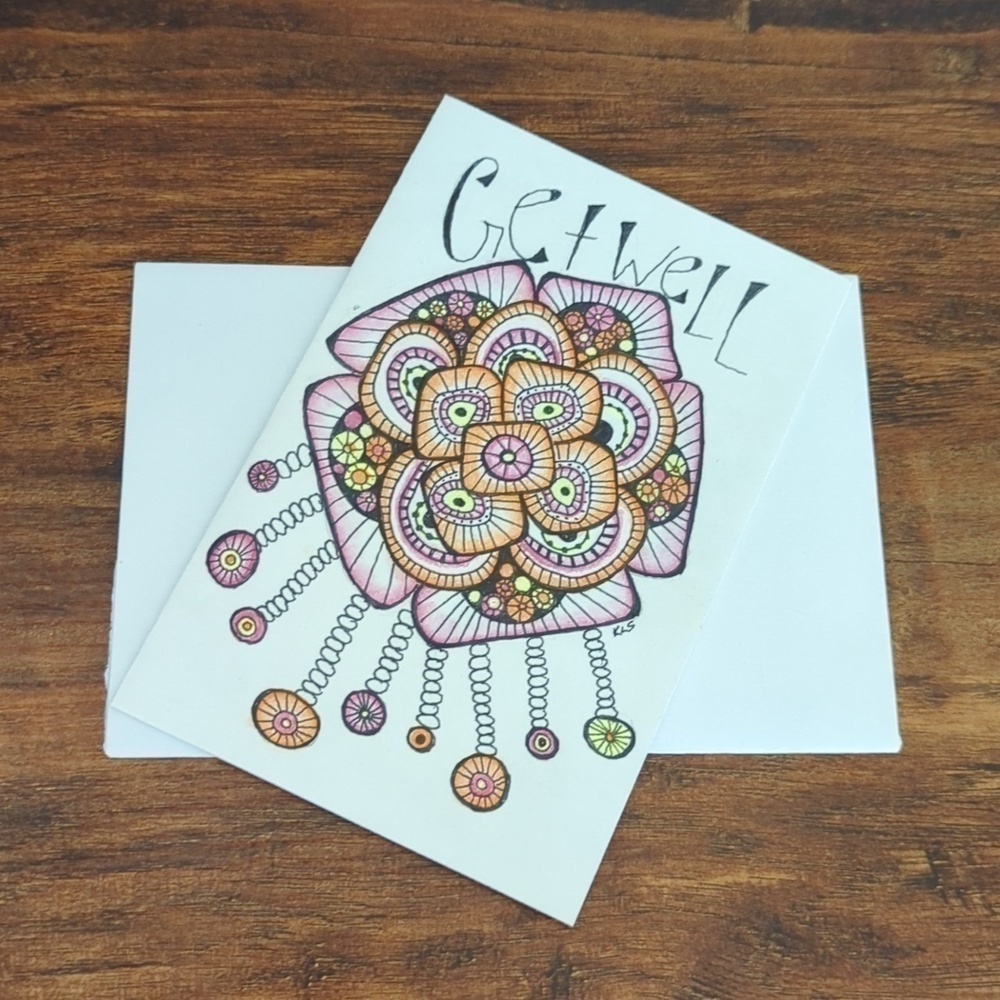 🌻 5/$20 Handmade Floral Zentangle Card- Pink, Orange & Yellow- Get Well Card